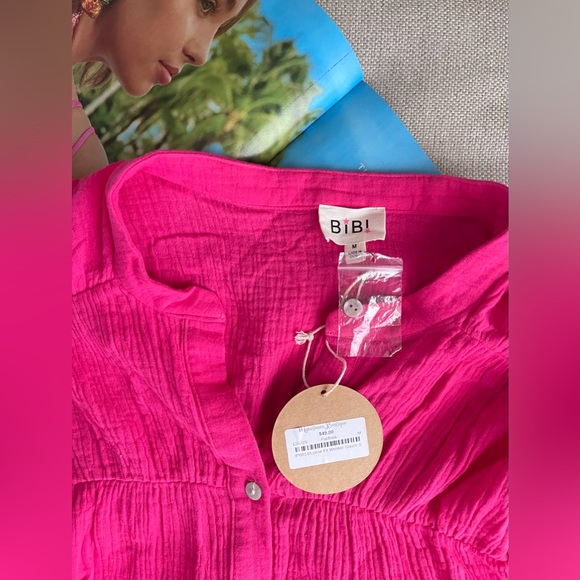 New Bibi Loose Fit Wrinkle Gauze Top 100% Cotton In Fuchsia Size M - Picture 10 of 11